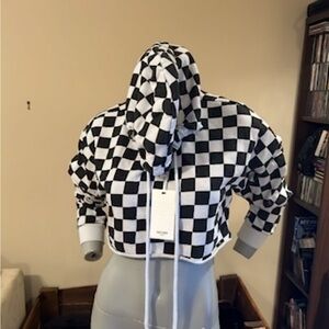 Grace Karin Black and White Checkerboard Crop Hoodie❤️S